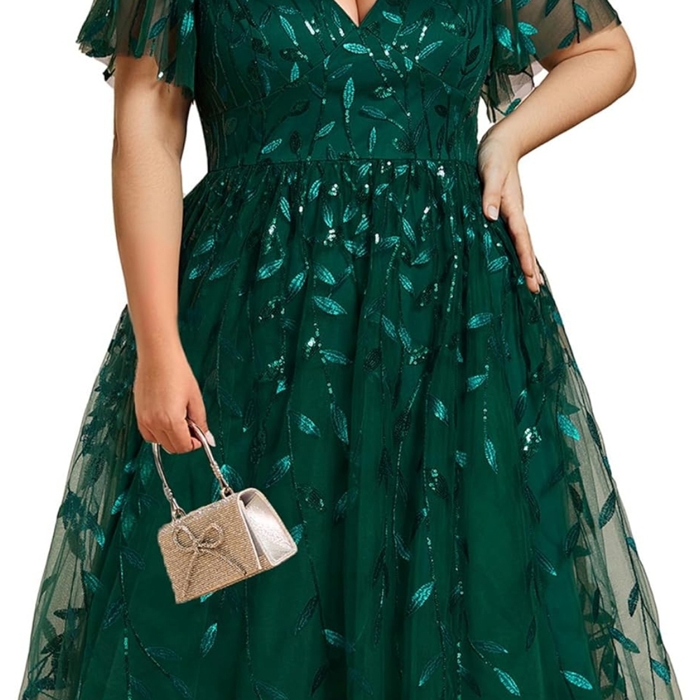Ever Pretty Green A-Line Flutter Sleeve Prom Dress